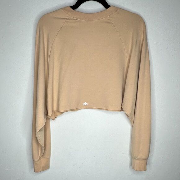 Alo Yoga Tan Go Washed and Worn Long Sleeve Boat Neck Boxy Crop Sweatshirt L - Picture 6 of 12